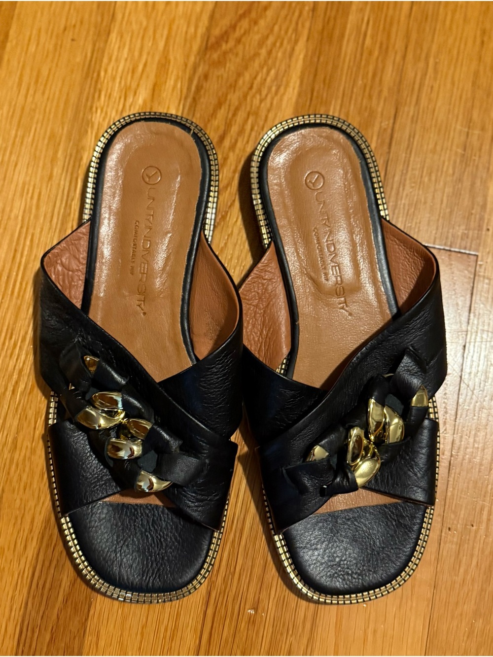 Unity in Diversity Talia Leather Slide Sandals with Gold Chain Detail